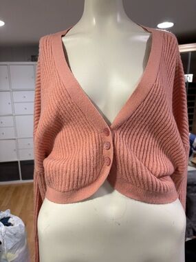For Love And Lemons Cropped Rose Pink V-Neck Ribbed Button Cardigan